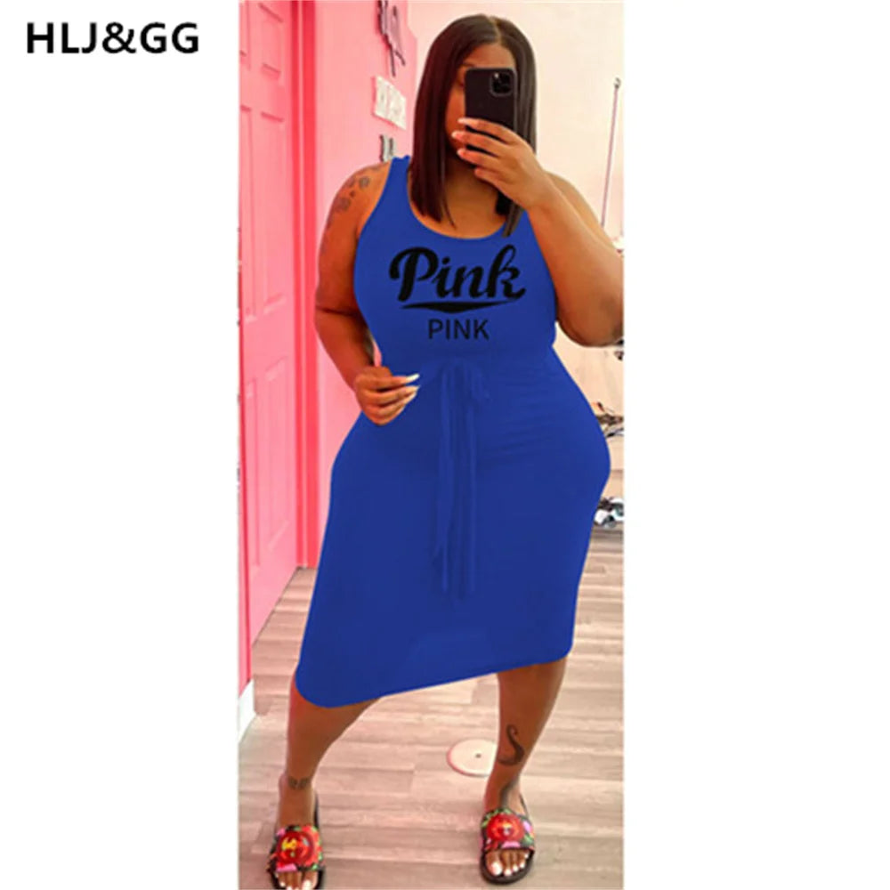 HLJ&GG Summer Solid Sexy Print Mini Dress Women Plus Size PINK Letter Drawstring Skinny Dresses Fashion Streetwear Vestidos 2022
