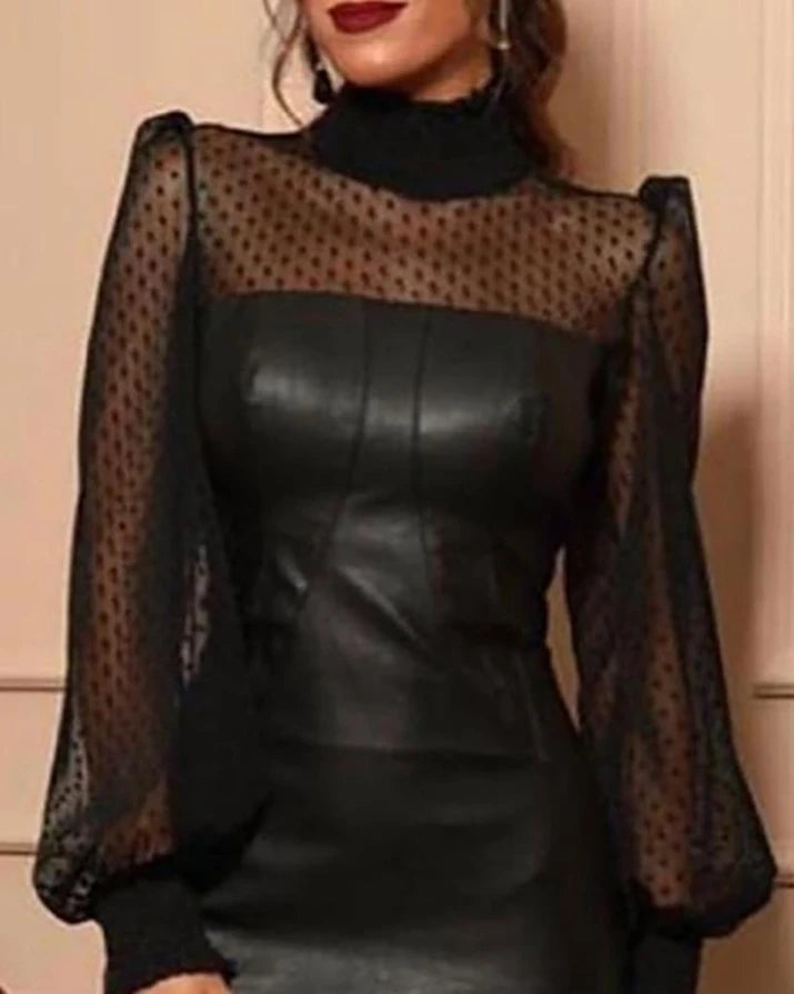 Faux Leather Dot Mesh Puff Lantern Sleeve Dress