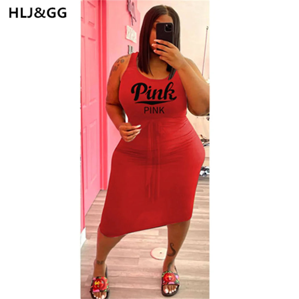 HLJ&GG Summer Solid Sexy Print Mini Dress Women Plus Size PINK Letter Drawstring Skinny Dresses Fashion Streetwear Vestidos 2022