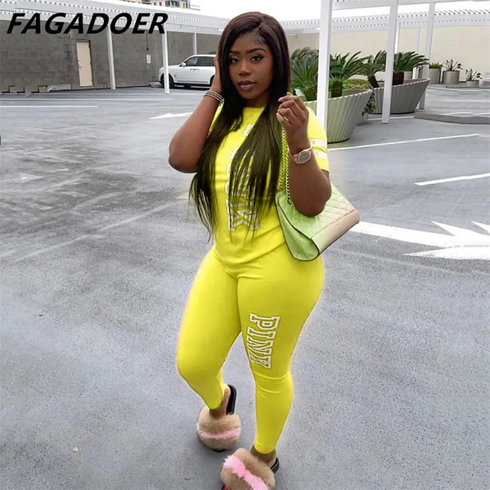 New Pink Letter Print Women Two Piece Set Casual Sport Tracksuit Short Sleeve Top + Jogger Sweatpant Suit Plus Size Outfits 3XL