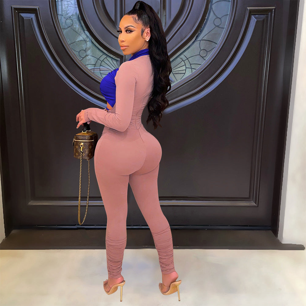 Hollow Color Matching Tie Long-Sleeved Jumpsuit