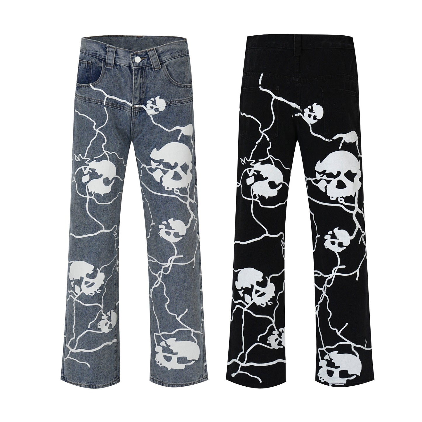 Printed Skull Dark High Street Design Straight-leg Pants
