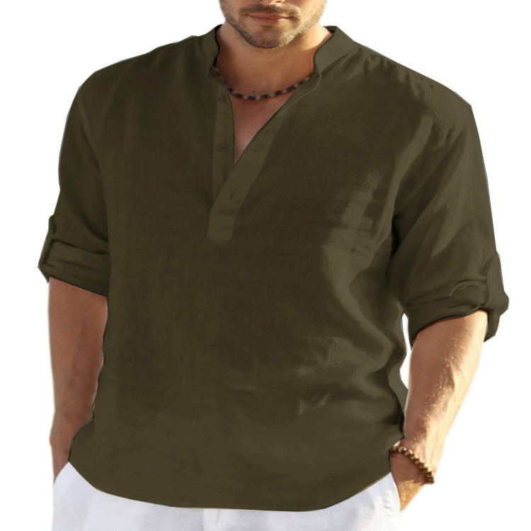 Cotton Linen Solid Color Long Sleeve Shirt Loose Stand Collar