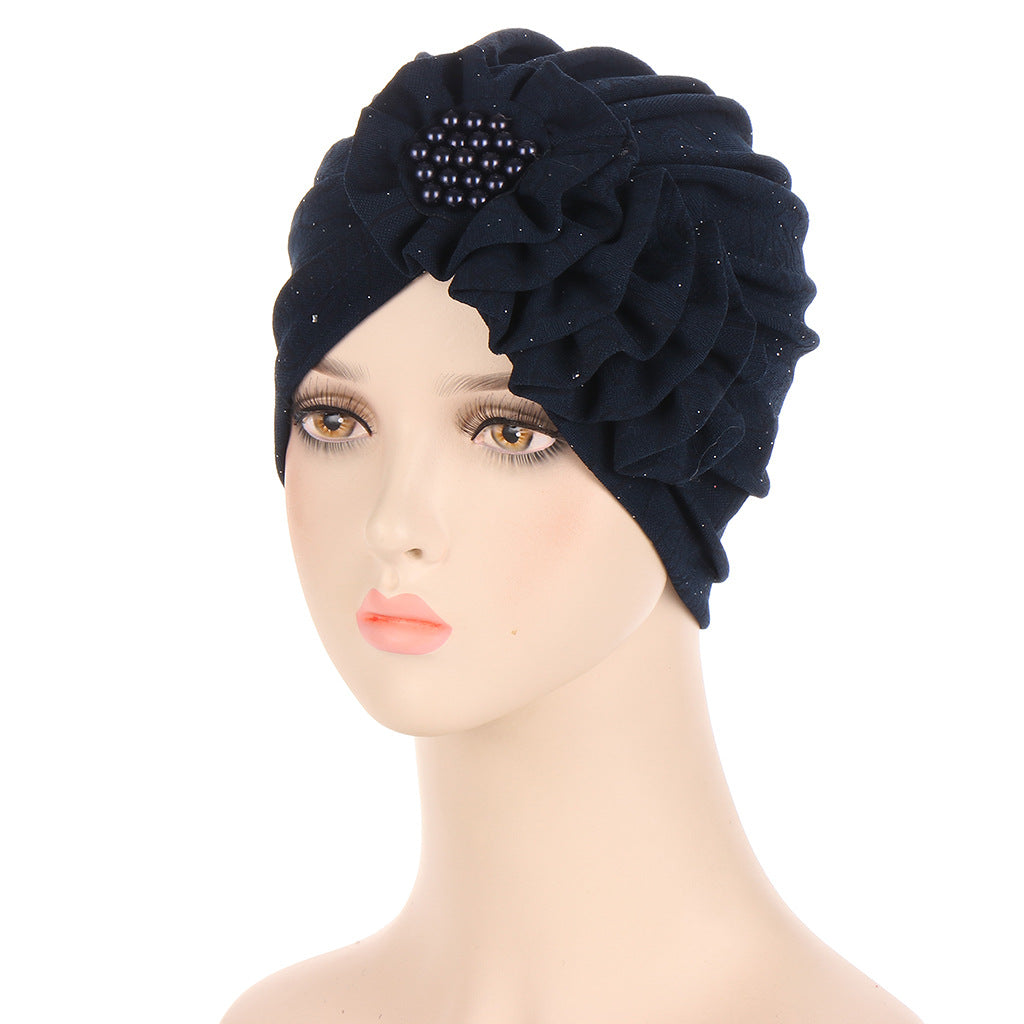 Flower Sprinkled Gold Creased Long Strip Single Side Decal Turban Hat