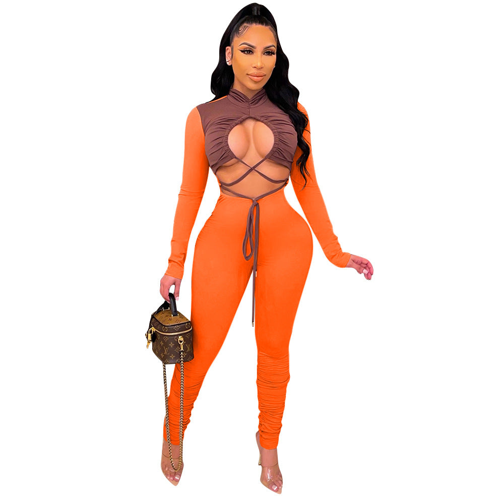 Hollow Color Matching Tie Long-Sleeved Jumpsuit