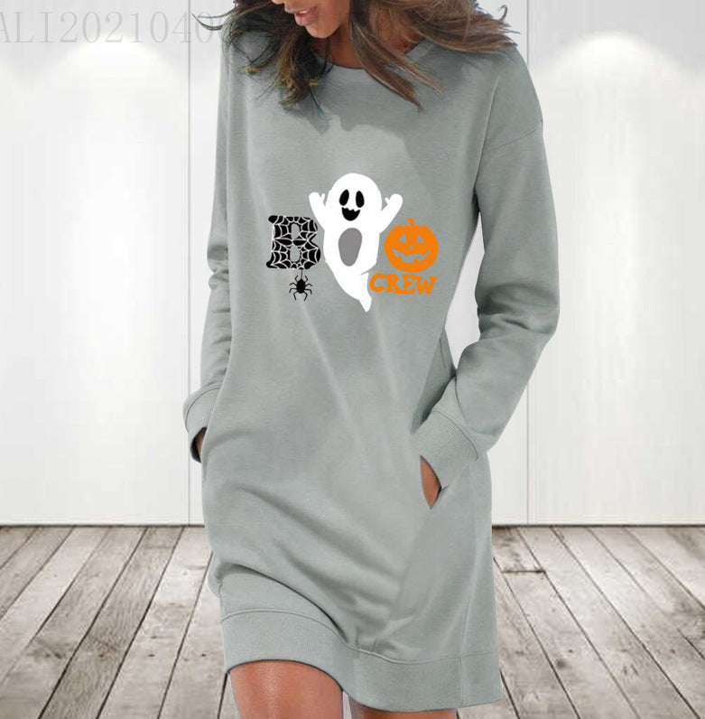 Loose Round Neck Drop Shoulder Long Sleeve Dress