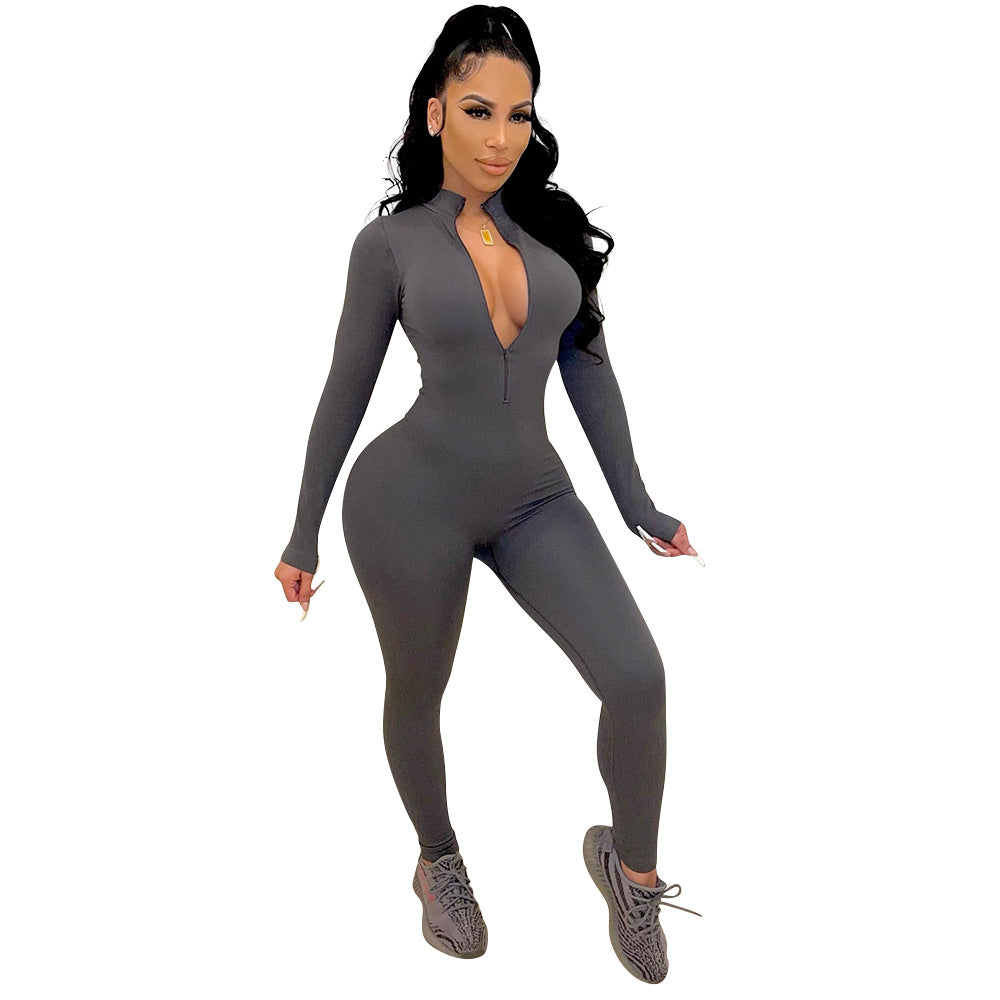Sports And Leisure Tight-Fitting Long-Sleeved Women Jumpsuit