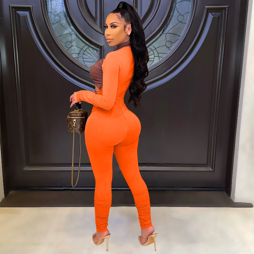 Hollow Color Matching Tie Long-Sleeved Jumpsuit