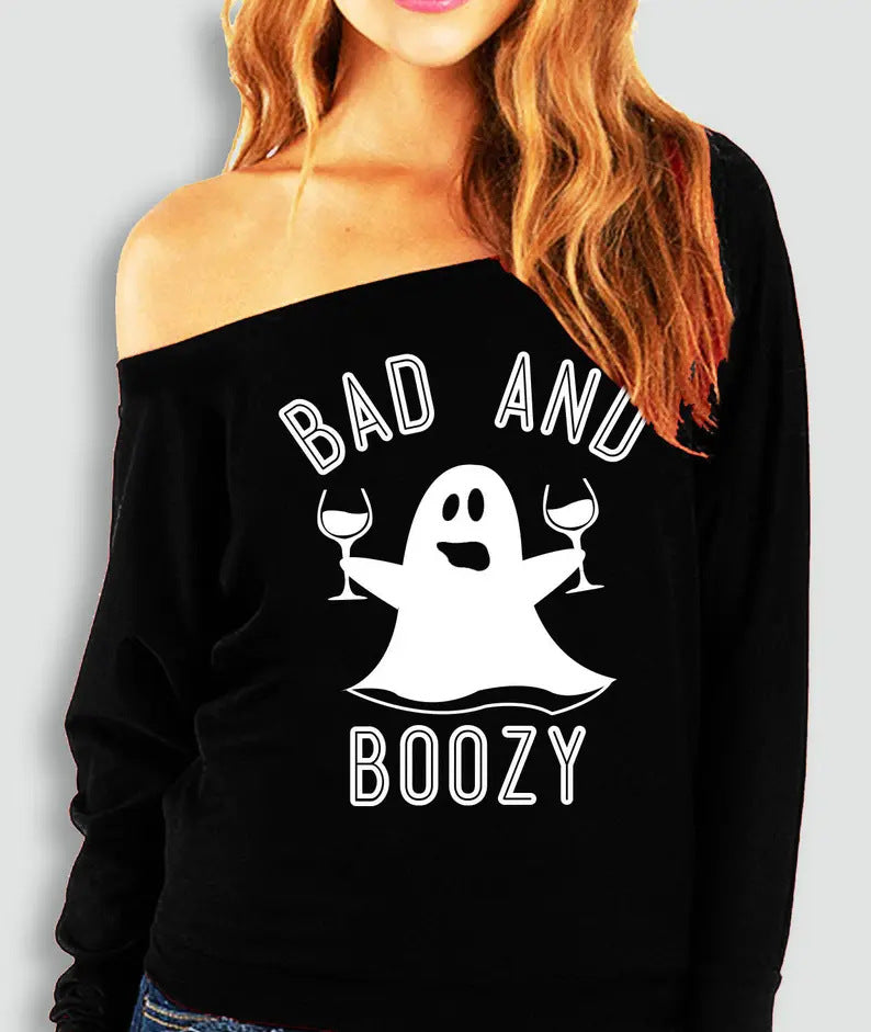 Halloween Printed Off-the-shoulder Off-neck European And American T-shirt
