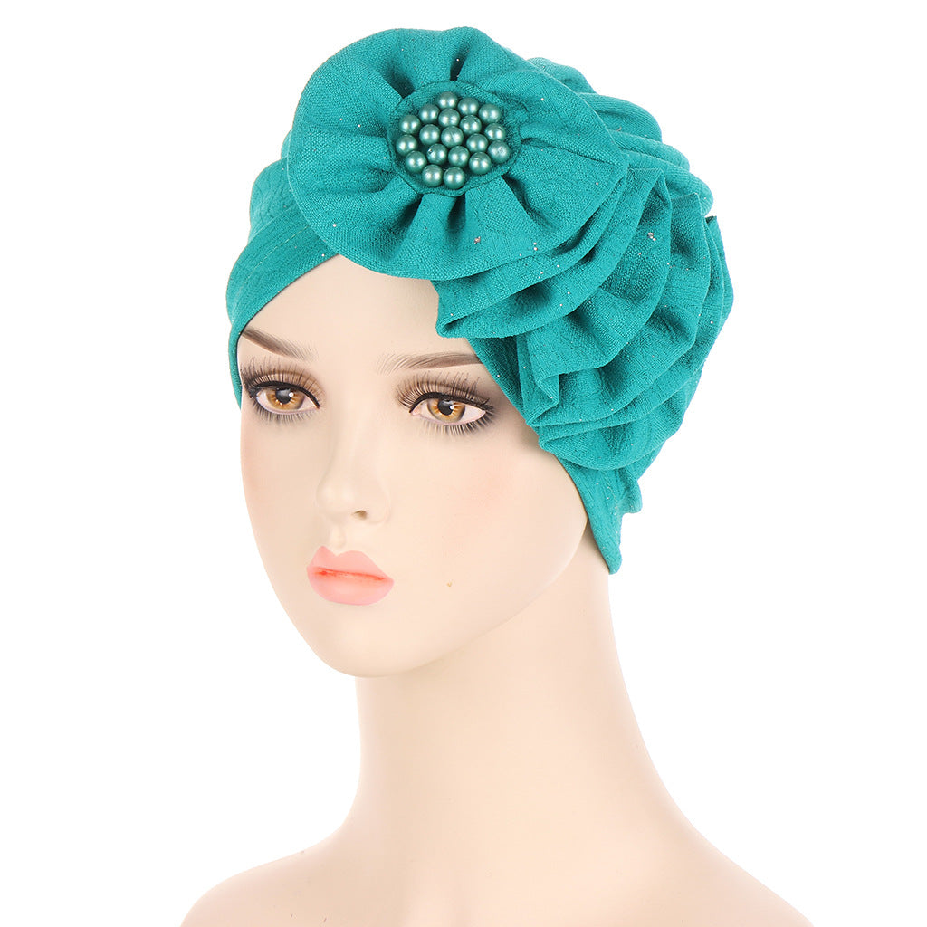 Flower Sprinkled Gold Creased Long Strip Single Side Decal Turban Hat