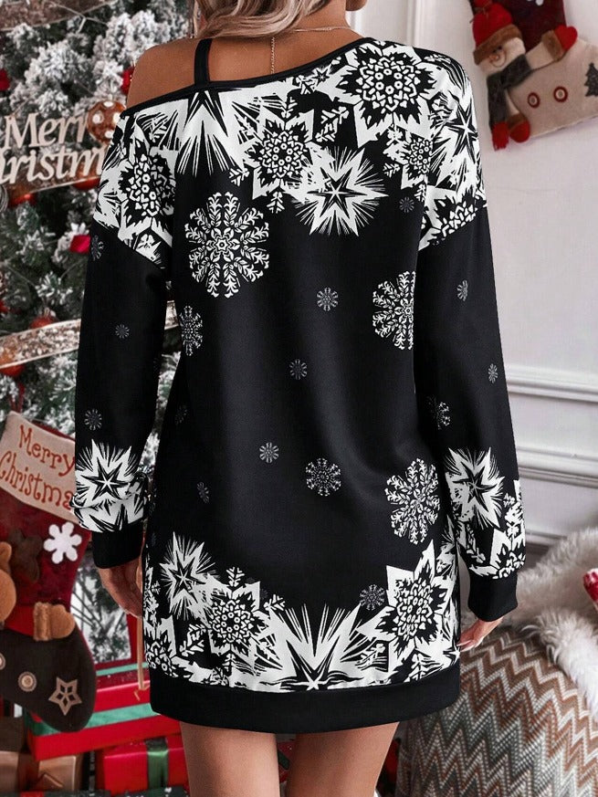 Women Printed Diagonal Shoulder Fallwinter Dress