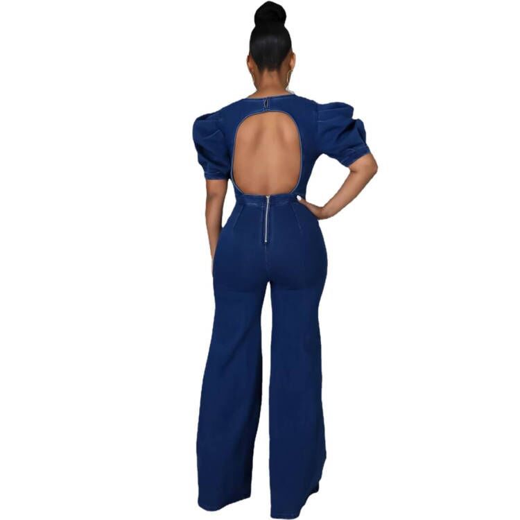 Women's Puff Sleeves Cutout Zip Crew Neck
