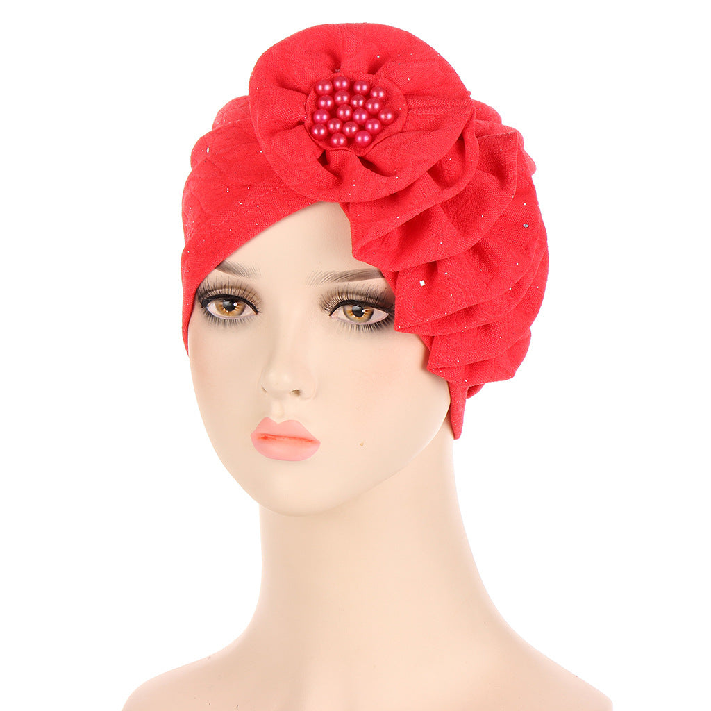 Flower Sprinkled Gold Creased Long Strip Single Side Decal Turban Hat
