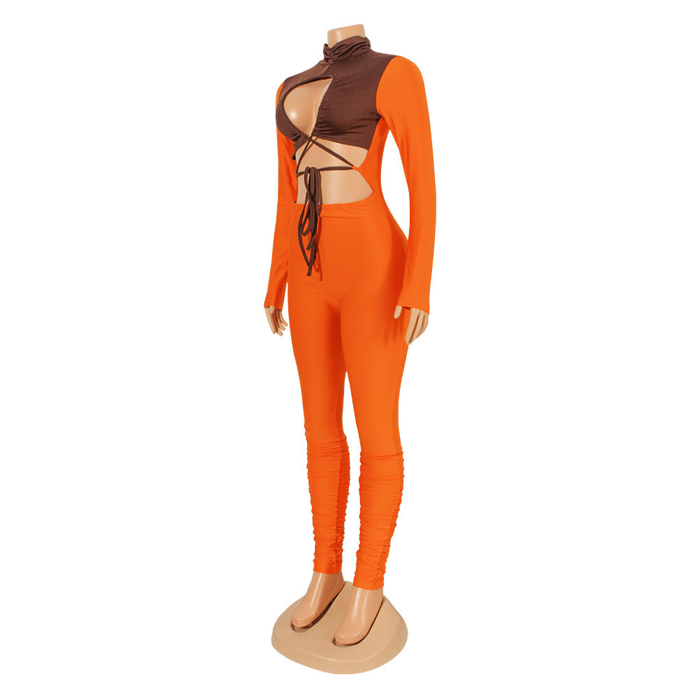 Hollow Color Matching Tie Long-Sleeved Jumpsuit