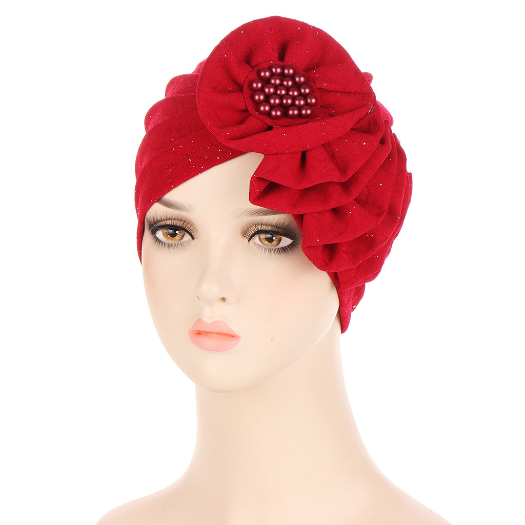 Flower Sprinkled Gold Creased Long Strip Single Side Decal Turban Hat