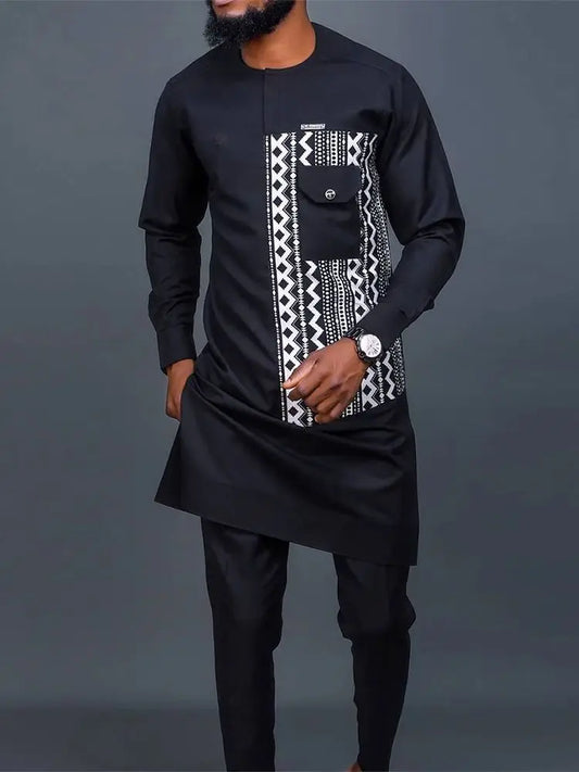2023 African Men Dashiki Long Sleeve 2 Piece Set Traditional Africa Clothing Striped Men's Suit