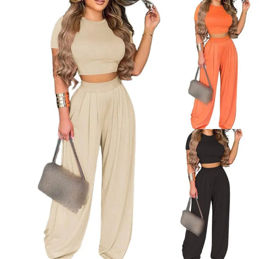 Two Piece Set Fashion O-Neck Slim Tops And Wide Leg Pants Suits