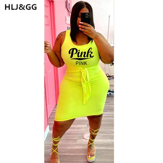 HLJ&GG Summer Solid Sexy Print Mini Dress Women Plus Size PINK Letter Drawstring Skinny Dresses Fashion Streetwear Vestidos 2022