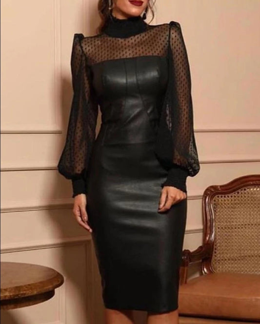 Faux Leather Dot Mesh Puff Lantern Sleeve Dress