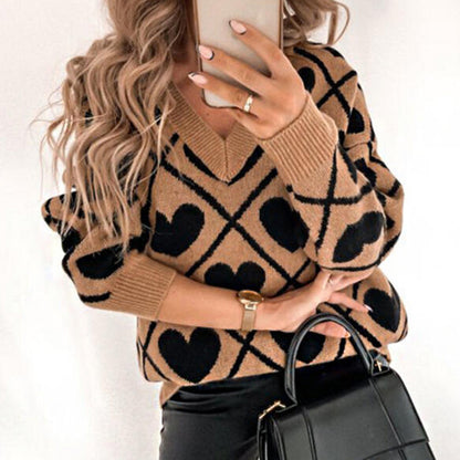 V-neck Pullover Love Knit Sweater Foreign Trade Casual Sweater Women