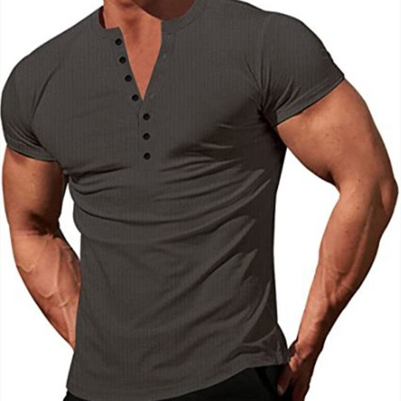 Men's Solid Color Buttons V-neck Slim T-shirt