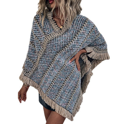 Contrast Color Striped Ethnic Style Tassel Pullover Cloak Shawl