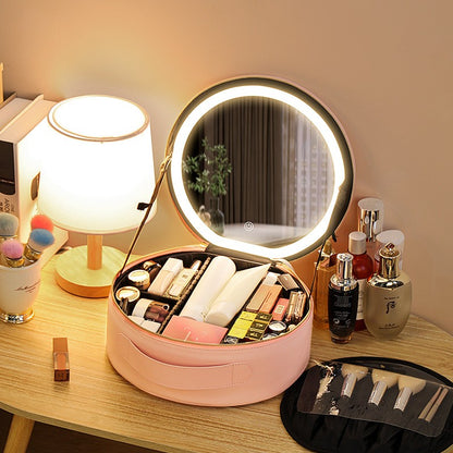 Large Capacity Round Smart LED Makeup Bag With Lighted Mirror PU Leather Travel Organizers Cosmetic Case