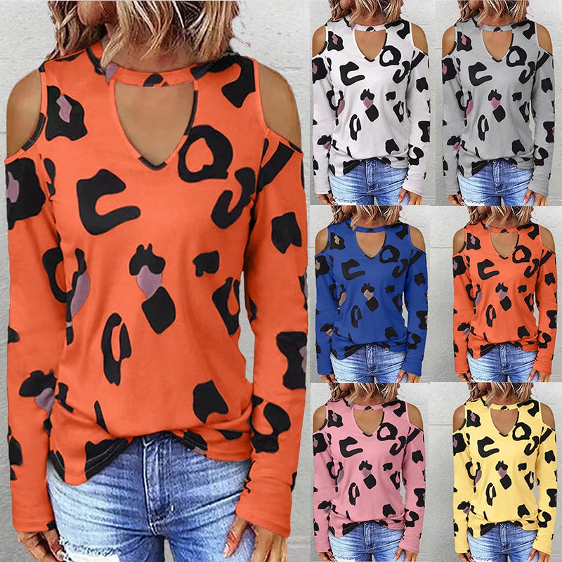 Women's Fashion Casual Printing Off-shoulder Loose Long-sleeved T-shirt