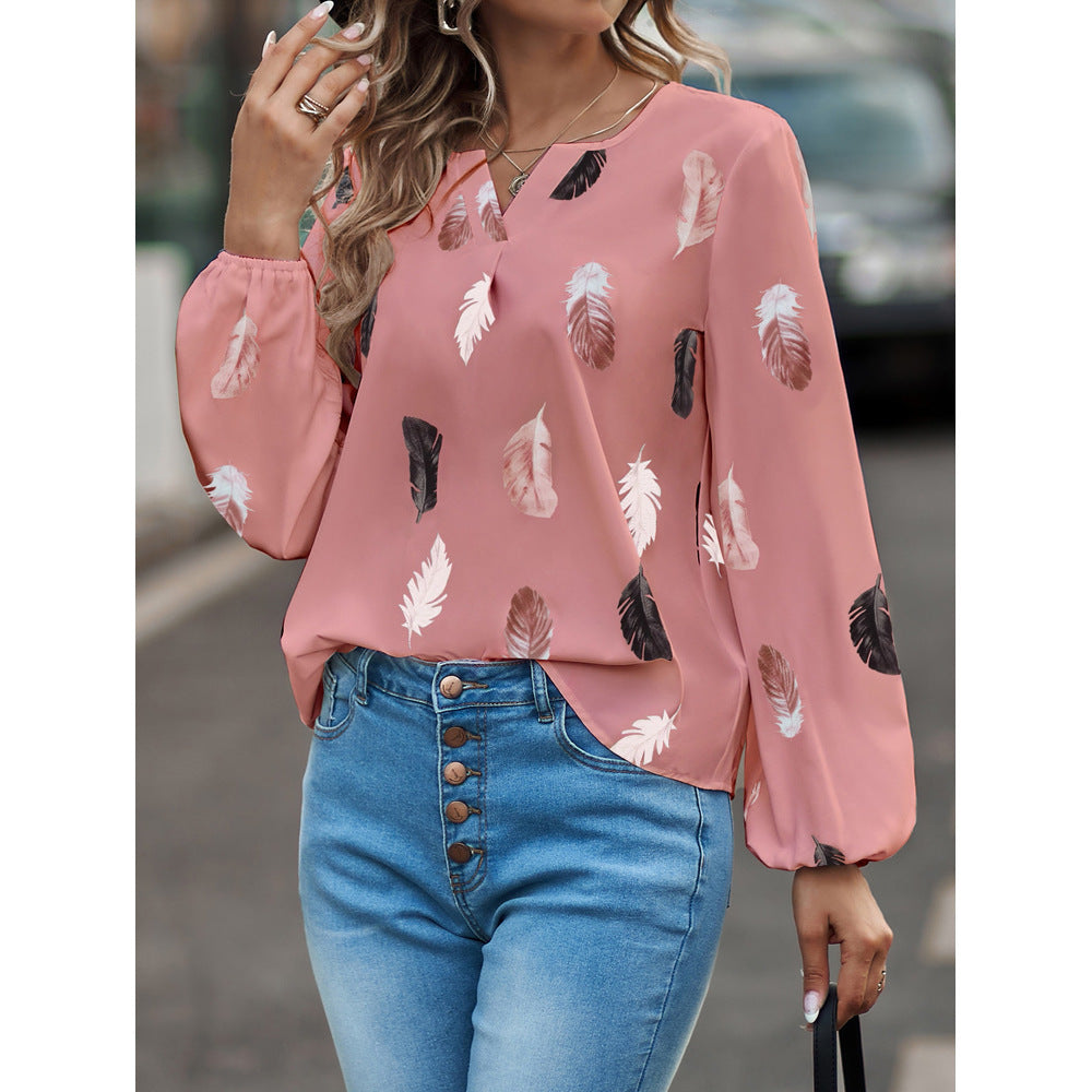 Feather Print Polo Shirt Long Lantern Sleeve Shirt Turndown Collar Breasted Top