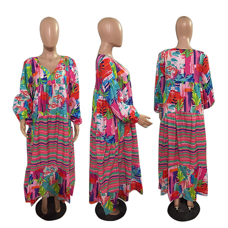 Oversized V-neck Printed Dress Retro French Women