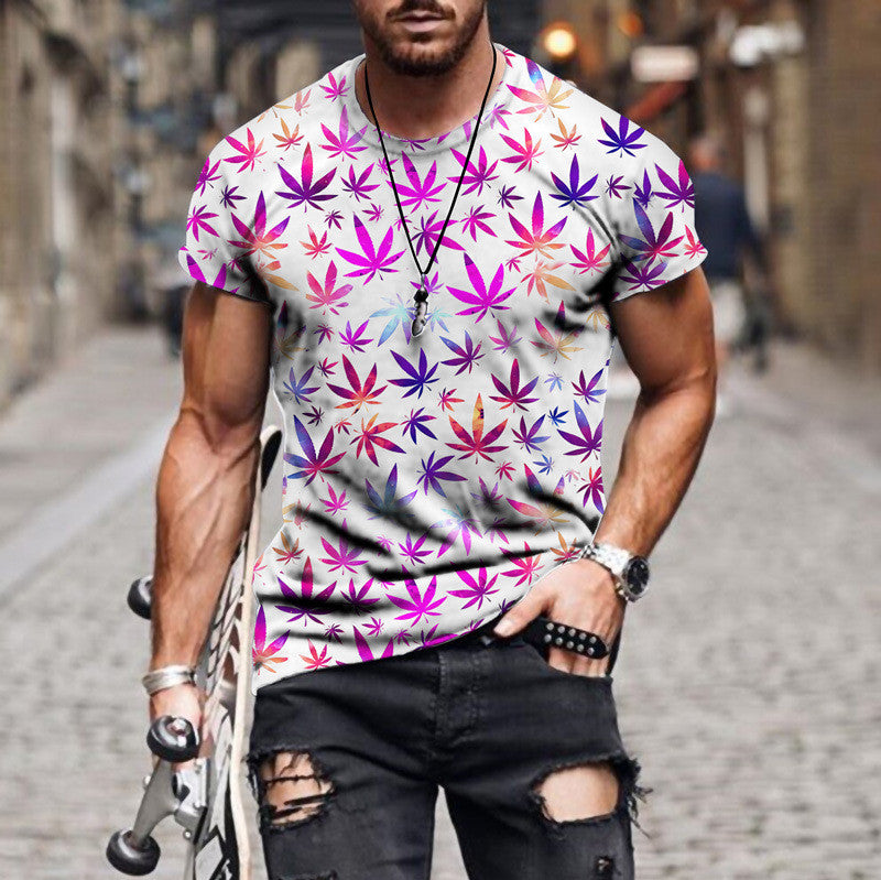 Round Neck 3D Plant Print Short-sleeved T-shirt