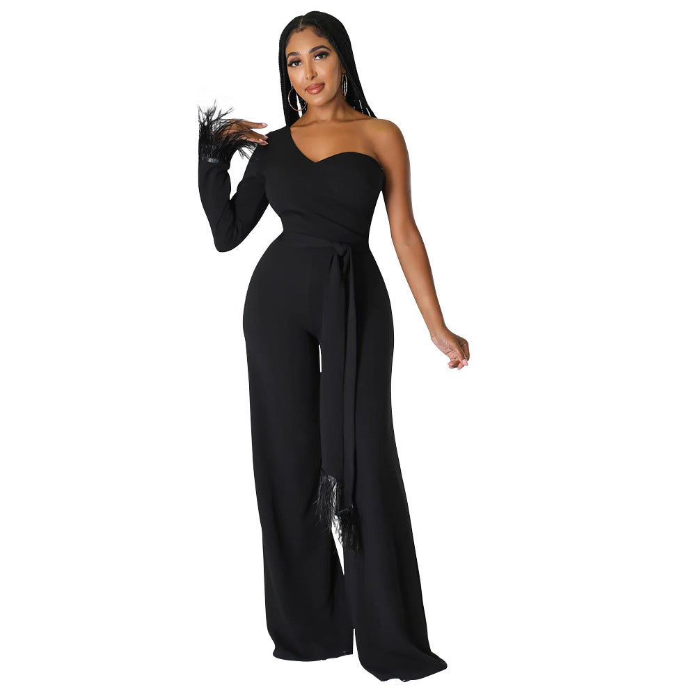 Wide-leg Pants One-shoulder Tassel Jumpsuit