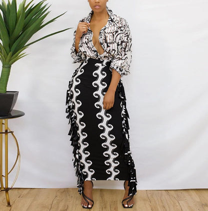 Creative Casual Slim-fit Tassel Black And White Print Sexy Skirt