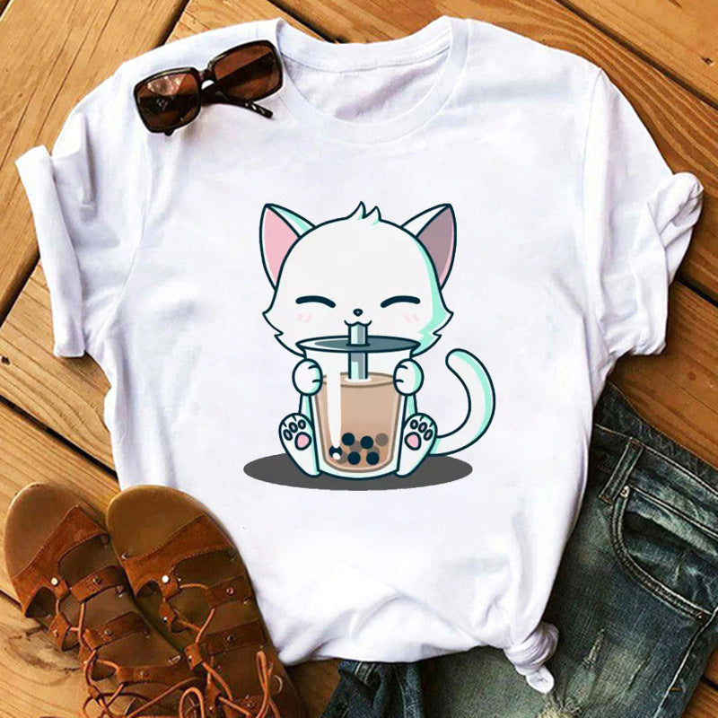 Cute Milk/Tea Print Short Sleeve Women