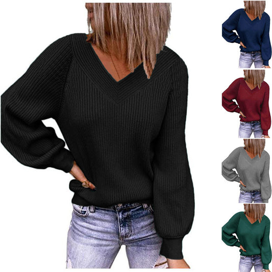 Women's Loose Knit V-Neck Solid Color Pullover Top