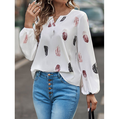 Feather Print Polo Shirt Long Lantern Sleeve Shirt Turndown Collar Breasted Top