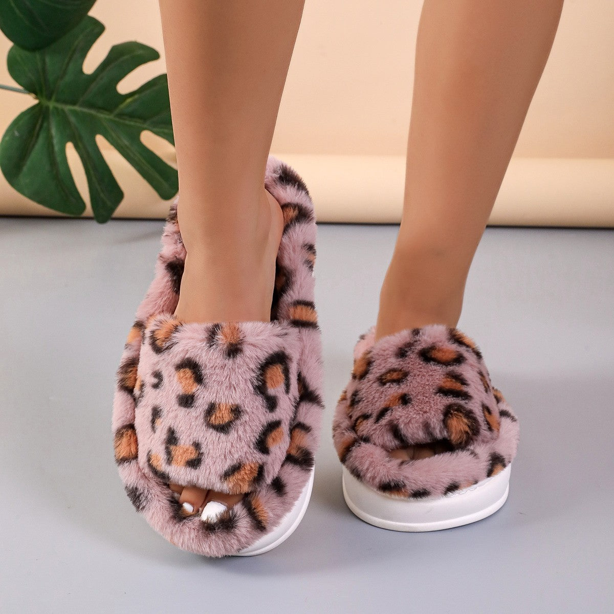 Fashion Winter Slipper Leopard Print Thick-soled Warm Fur Slippers