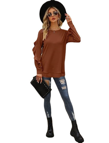 Women's Clothing Casual Round Neck Sweater Pleated Long Sleeve Top