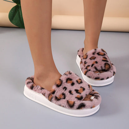 Fashion Winter Slipper Leopard Print Thick-soled Warm Fur Slippers