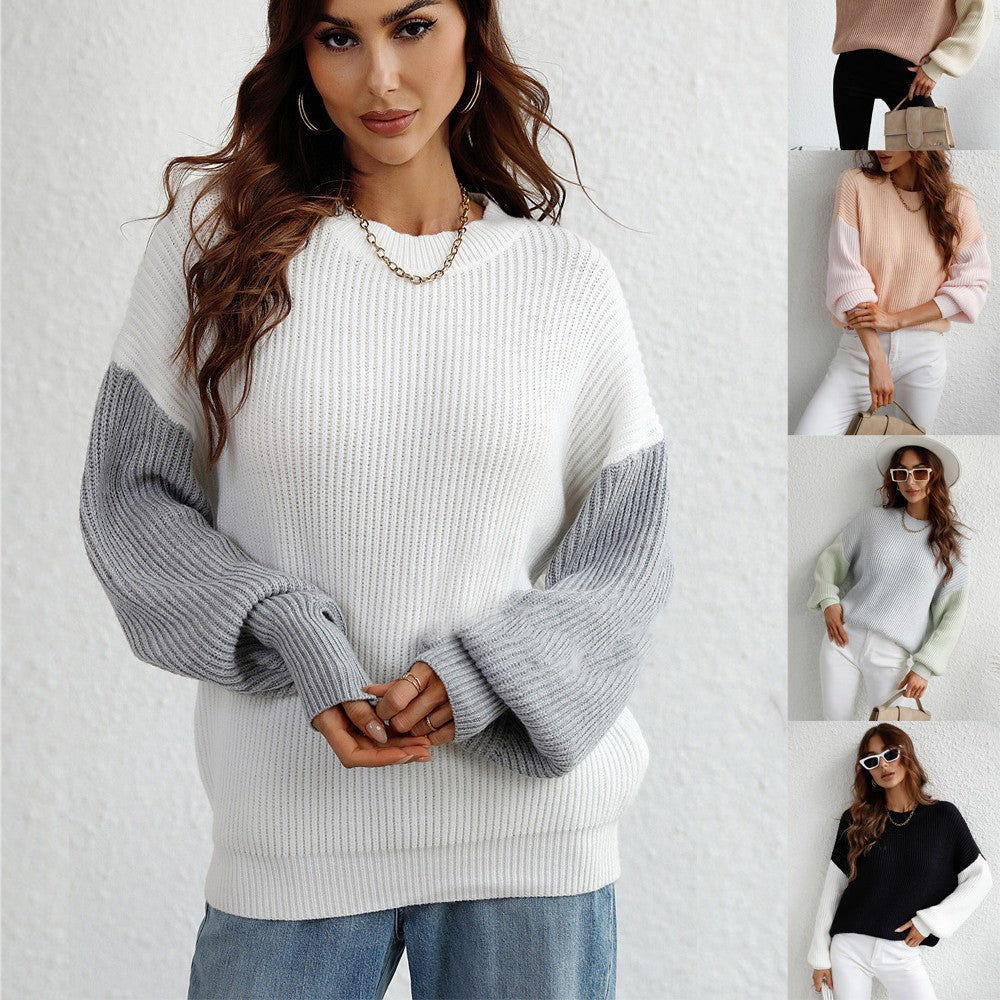 Round Neck Sweater Long Sleeve Striped Loose-fitting Oversized Sweater Women