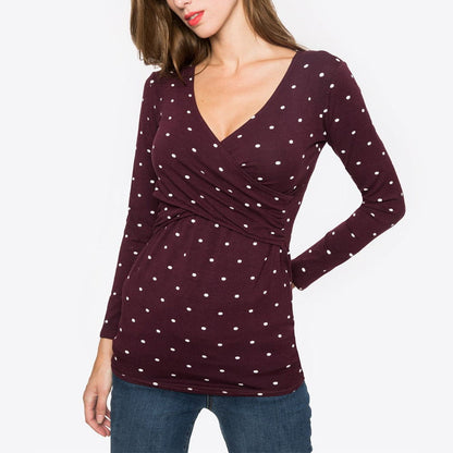 Deep V-neck print long sleeves Maternity Shirt