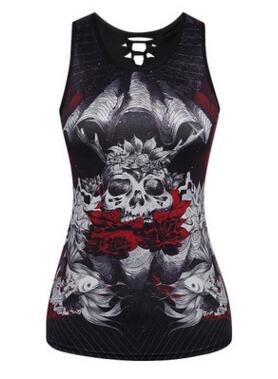 Women Sleeveless Tank Top 3D Flower Skull