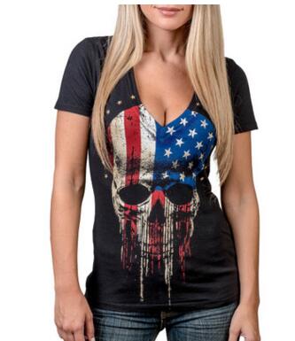 Skull Print T-Shirt Causal Women Short Sleeve V-Neck Punk Style Tee Tops Clothing