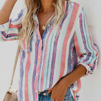 Striped Lapel Long-sleeved Cardigan Single-breasted Shirt