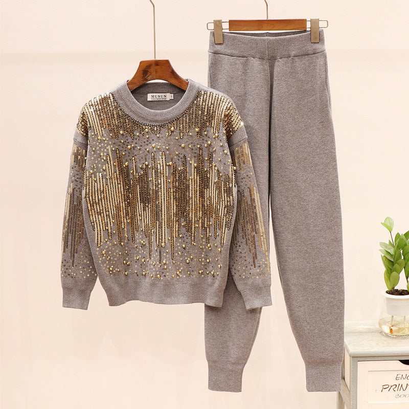 Sequined Beaded Long Sleeve Knitwear Casual Pants Set