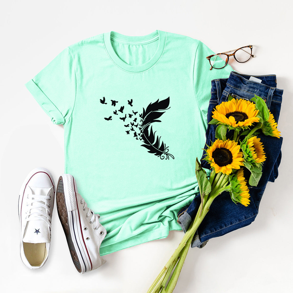 Summer Women Clothing New Feather Print T-Shirt