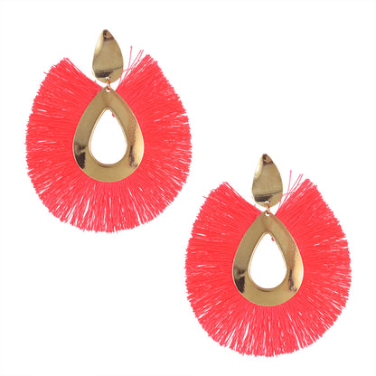 Women Fan-shaped Cotton Tassel Dangle Earring Jewelry