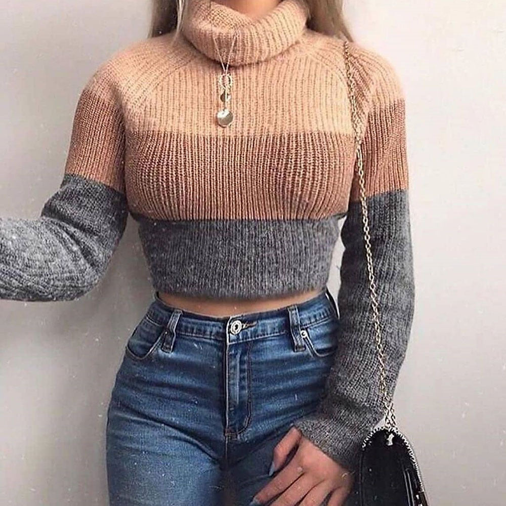 Tri-color knitted turtleneck T-shirt sweater