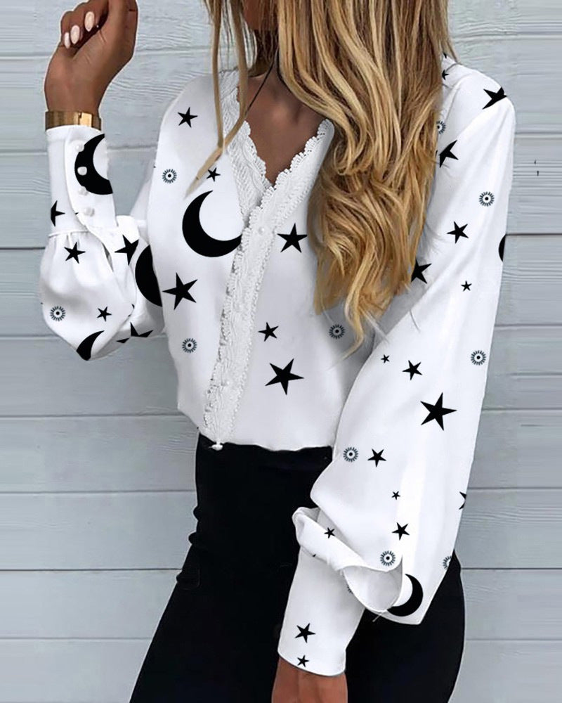 Women's Fashionable Printed Lace Casual Shirt