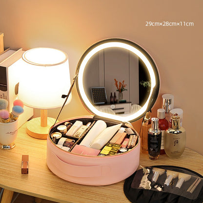 Large Capacity Round Smart LED Makeup Bag With Lighted Mirror PU Leather Travel Organizers Cosmetic Case